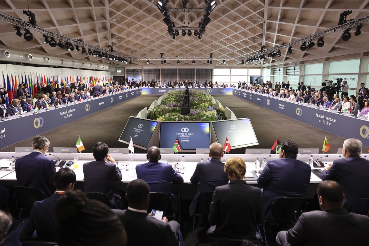 A general view of the Plenary session at the Summit on Peace in Ukraine at the Burgenstock, Switzerland, Saturday June 15, 2024. Dozens of world leaders converged on a Swiss resort Saturday to discuss ...