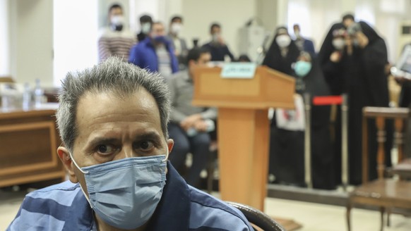 FILE - Iranian-German national and U.S. resident Jamshid Sharmahd attends his trial at the Revolutionary Court, in Tehran, Iran, Sunday, Feb. 6, 2022. Sharmahd, the senior member of a U.S.-based Irani ...