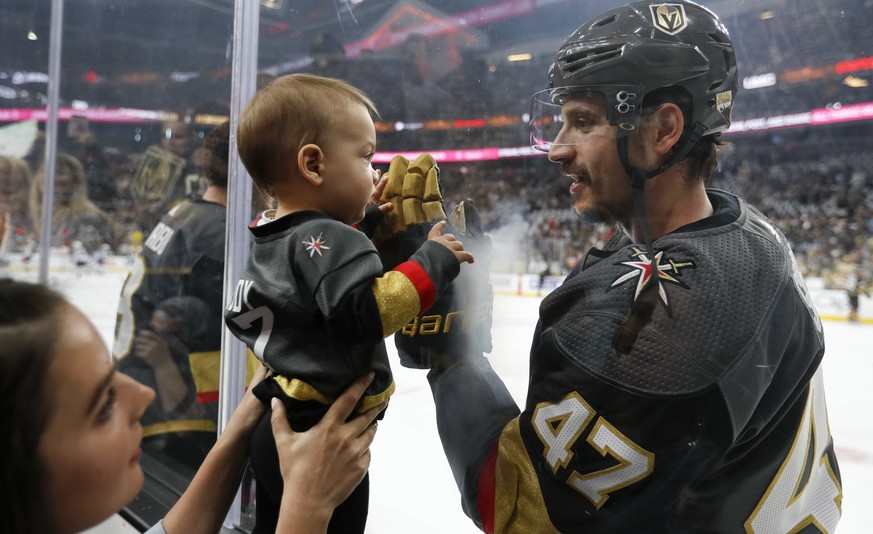 Vegas Golden Knights defenseman Luca Sbisa greets a young fan before Game 4 of the team&#039;s NHL hockey Western Conference finals against the Winnipeg Jets, Friday, May 18, 2018, in Las Vegas. (AP P ...