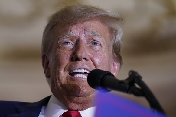 Former President Donald Trump speaks at his Mar-a-Lago estate in Palm Beach, Florida, on Tuesday, April 4, 2023, after being arranged in New York City earlier in the day.  (AP Photo/Evan Vucci) Donald Trump