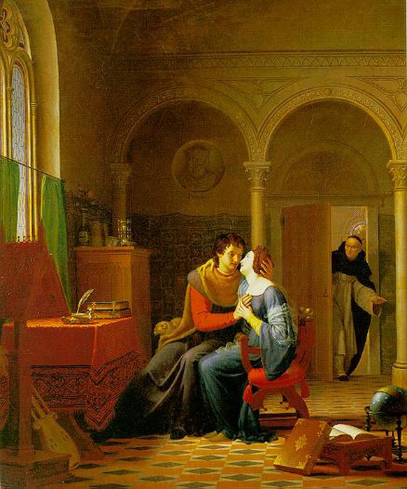 Abaelard und Heloise werden vom Subdiakon Fulbert erwischt, gemalt von Jean Vignaud, 1819.