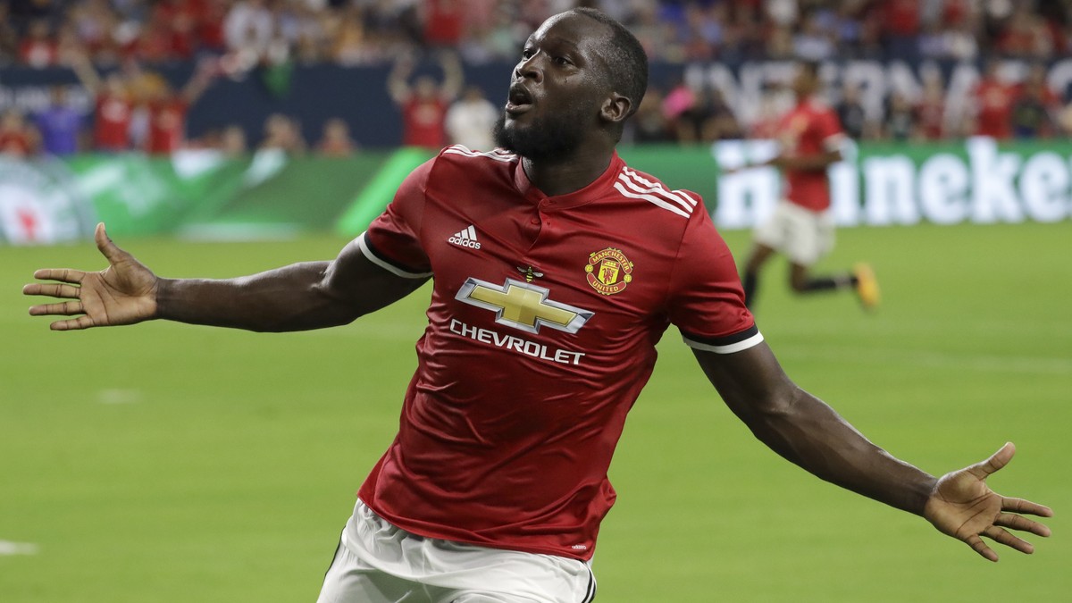 Manchester United's Romelu Lukaku reacts to scoring a goal against Manchester City during the first half of an International Champions Cup soccer match in Houston, Thursday, July 20, 2017. (AP Ph ...