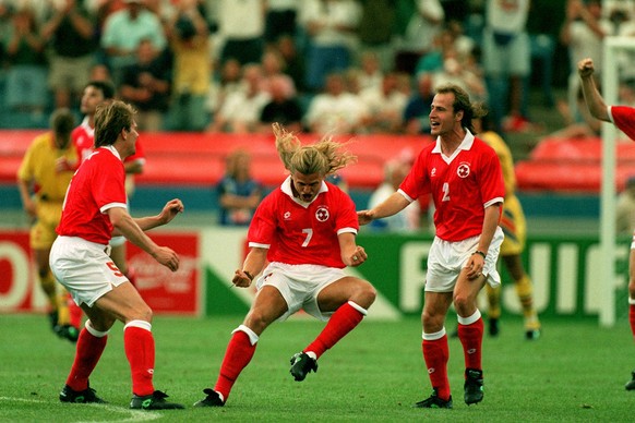 Romania V Switzerland, FIFA World Cup Finals Group A Alain Geiger of Switzerland, Alain Sutter of Switzerland and Marc Hottiger of Switzerland celebrates 1st goal during the FIFA World Cup Finals Grou ...