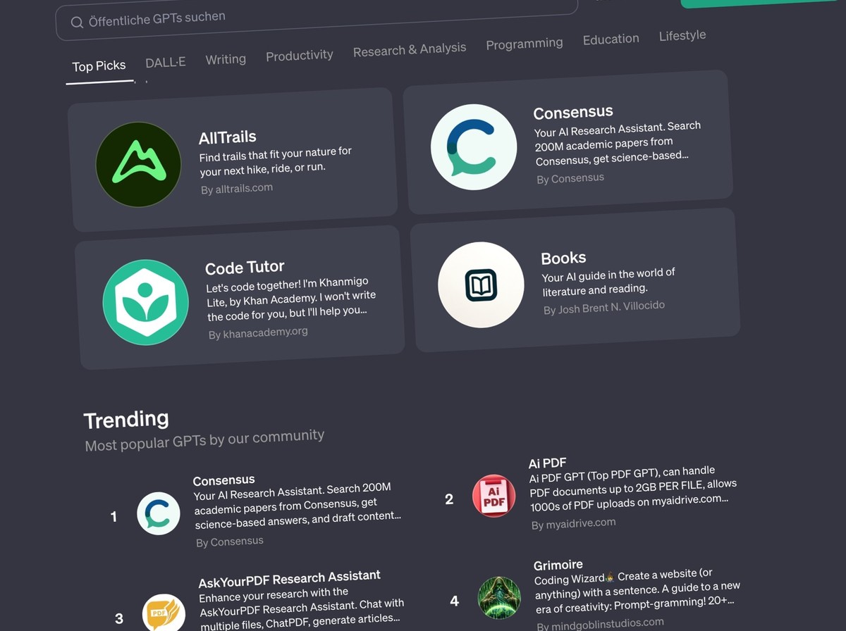 Screenshot zum App-Store von OpenAI (ChatGT) für GPTs.