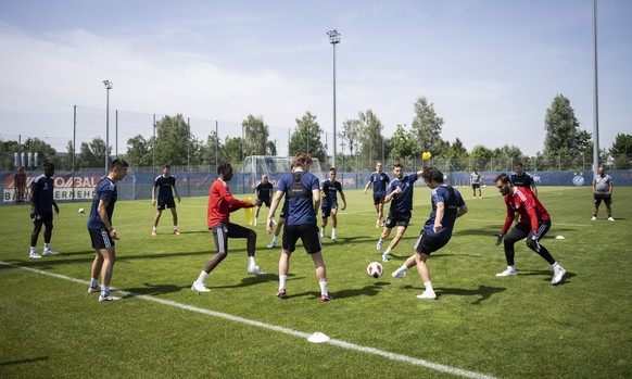 Die Spieler des Grasshopper Club Zuerich im Training auf dem GC Campus in Niederhasli, aufgenommen am Freitag, 17. Juni 2022. (KEYSTONE/Ennio Leanza)