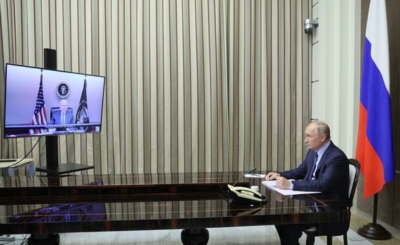 Russian President Vladimir Putin during his talks with U.S. President Joe Biden in the Bocharov Ruchei residence in the Black Sea resort of Sochi, Russia, Tuesday, Dec. 7, 2021. The video call between ...