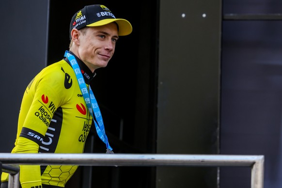 epa11956365 Danish rider Jonas Vingegaard of Team Visma celebrates after winning the third stage of the Paris Nice cycling race, a 28.4 km team time trial from Magny-Cours racing track to Nevers, Fran ...