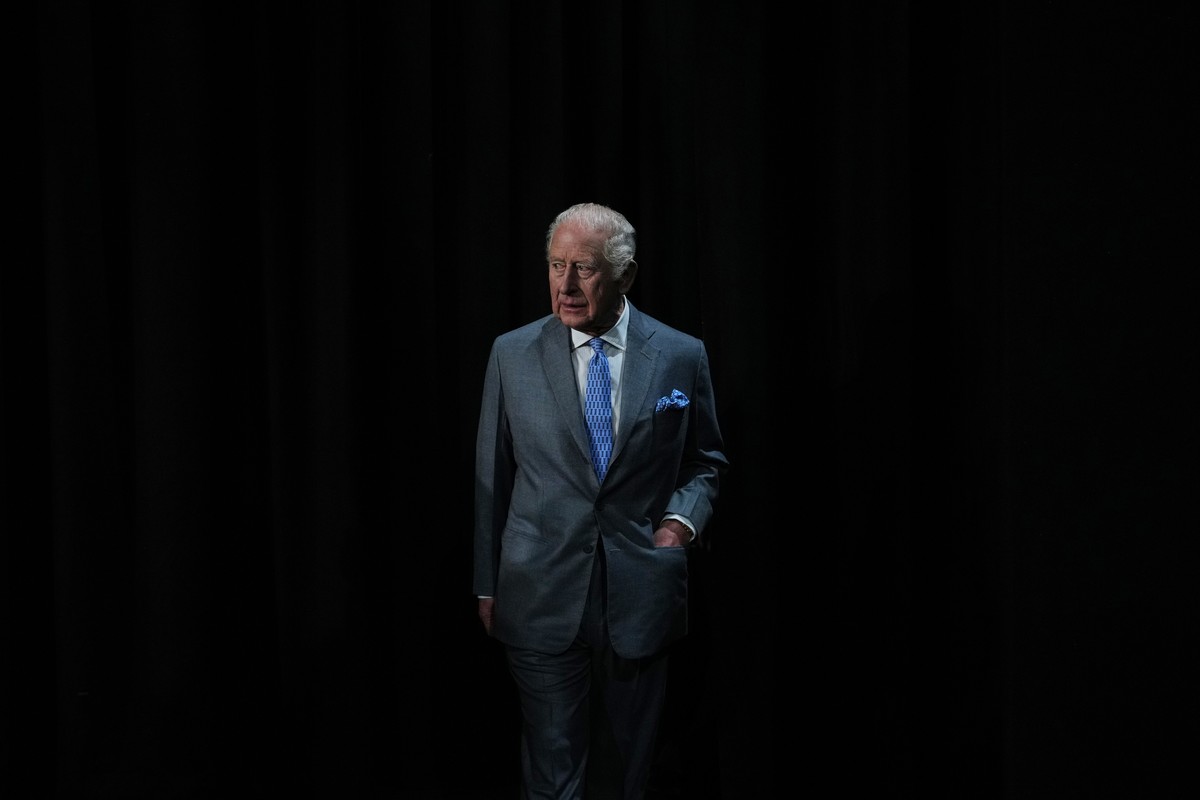 Britain's King Charles III arrives to join English actor Idris Elba in meeting students taking part in workshops organised by National Youth Music Theatre (NYMT) at The Other Palace in London, Th ...