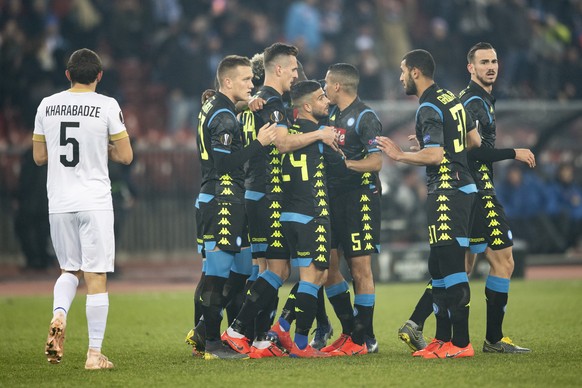 Napoli&#039;s Lorenzo Insigne, center, celebrates his 1:0 goal during the UEFA Europa League group stage soccer match between Switzerland&#039;s FC Zurich and Italian&#039;s SSC Neapel at the Letzigru ...