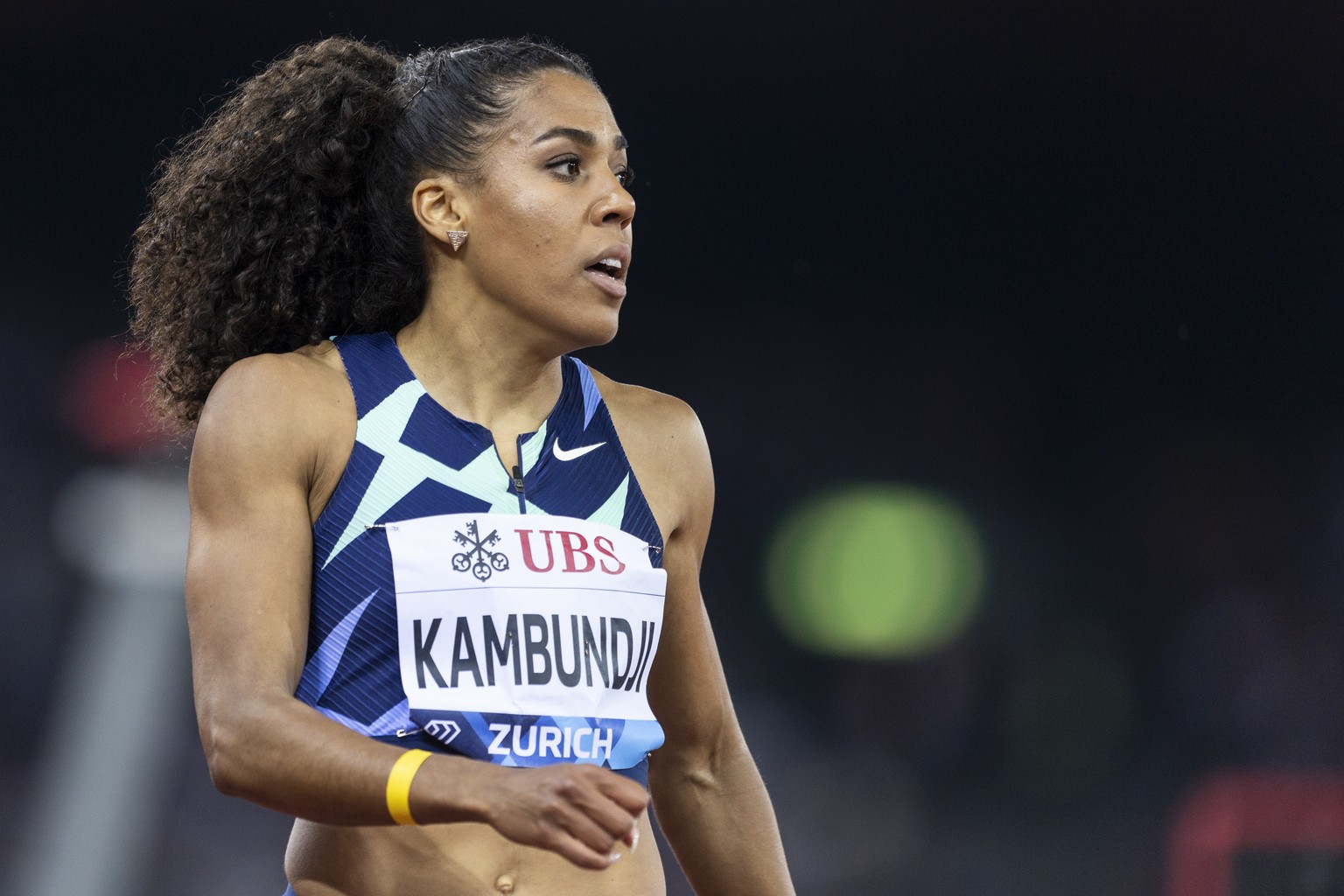 Mujinga Kambundji of Switzerland reacts after her 200m Women during the Weltklasse IAAF Diamond League international athletics meeting at the Letzigrund stadium in Zurich, Switzerland, Thursday, Septe ...