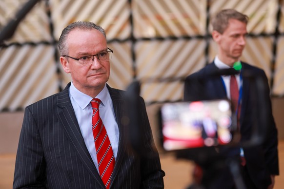 epa12595723 German Federal Minister of State for Europe Gunther Krichbaum speaks to the media at the start of an EU General Affairs Council in Brussels, Belgium, 16 December 2025. EPA/OLIVIER HOSLET