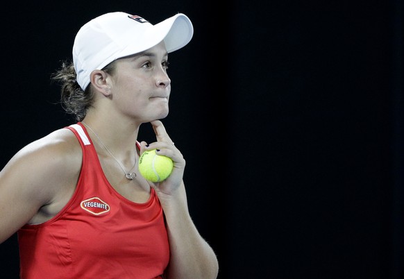 Australia&#039;s Ashleigh Barty watches a video reply of a line call as she plays Aryna Sabalenka of Belarus during their first round match at the Australian Open tennis championships in Melbourne, Au ...