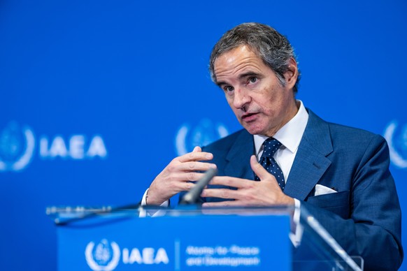 epa13017628 Director General of the International Atomic Energy Agency (IAEA) Rafael Mariano Grossi attends a press conference during an IAEA Board of Governors meeting at the IAEA headquarters in Vie ...