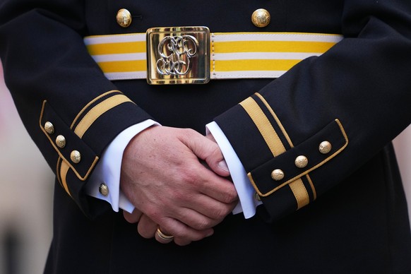 Captain Lorenz Keusch poses for reporters during the presentation of the Swiss Guard Mezza-Gala uniform in the Swiss Guard Barracks at the Vatican, Thursday, Oct. 2, 2025. (AP Photo/Alessandra Taranti ...