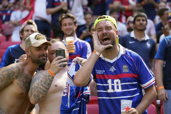 France fans cheer prior to the Euro 2020 soccer championship group F match between Hungary and France, at the Ferenc Puskas stadium in Budapest, Saturday, June 19, 2021. (AP Photo/Darko Bandic, Pool)