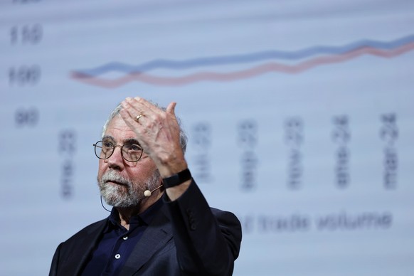 epa12537438 US economist and Nobel Laureate in Economic Sciences Paul Krugman speaks during the 4th Metafuturo Forum in Madrid, Spain, 20 November 2025. The forum serves as a platform for discussing t ...