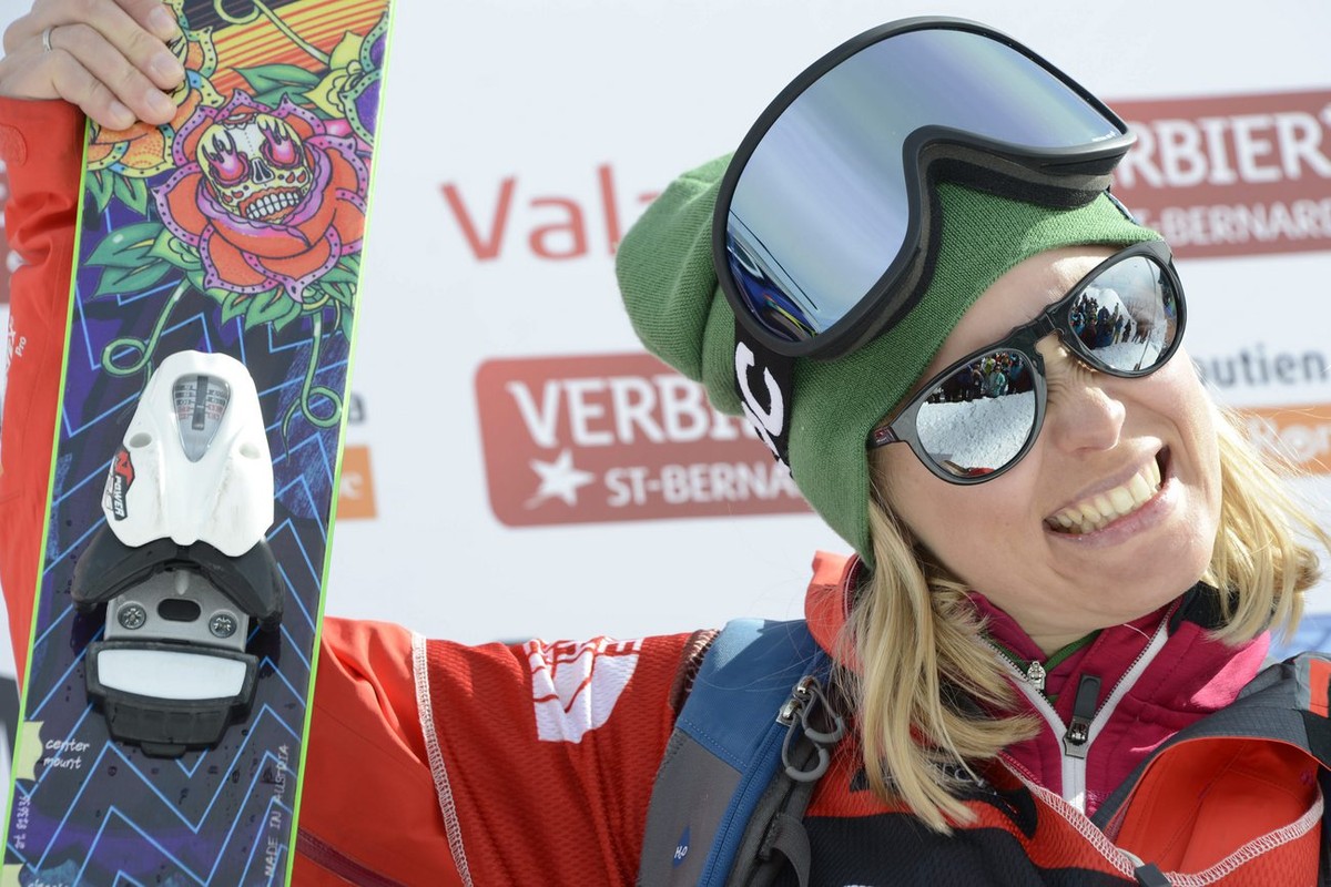 Matilda Rapaport of Sweden, winner, celebrates his podium on the Ski Xtreme Verbier, the last stage of the Freeride World Tour, FWT, contest on the "Bec des Rosses" Mountain on 3222 meters,  ...