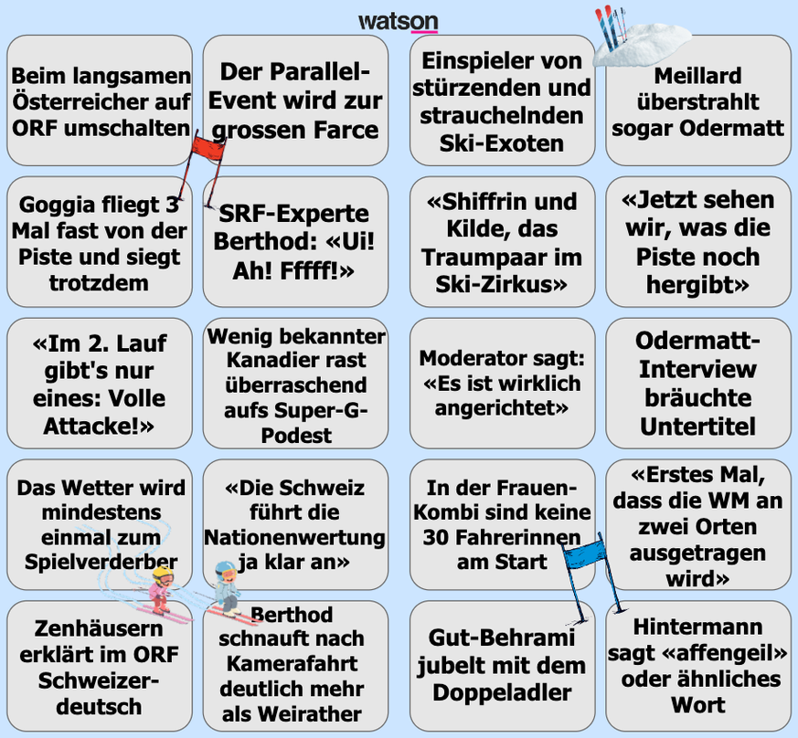 Ski-Weltmeisterschaft: Das ultimative Bullshit-Bingo von watson. Beste Unterhaltung während der Ski-WM 2023 in Courchevel und Méribel für alle Schweizer Ski-Fans.