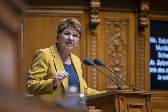 Bundesraetin Viola Amherd spricht zur Grossen Kammer, an der Wintersession der Eidgenoessischen Raete, am Dienstag, 12. Dezember 2023 im Nationalrat in Bern. (KEYSTONE/Alessandro della Valle)