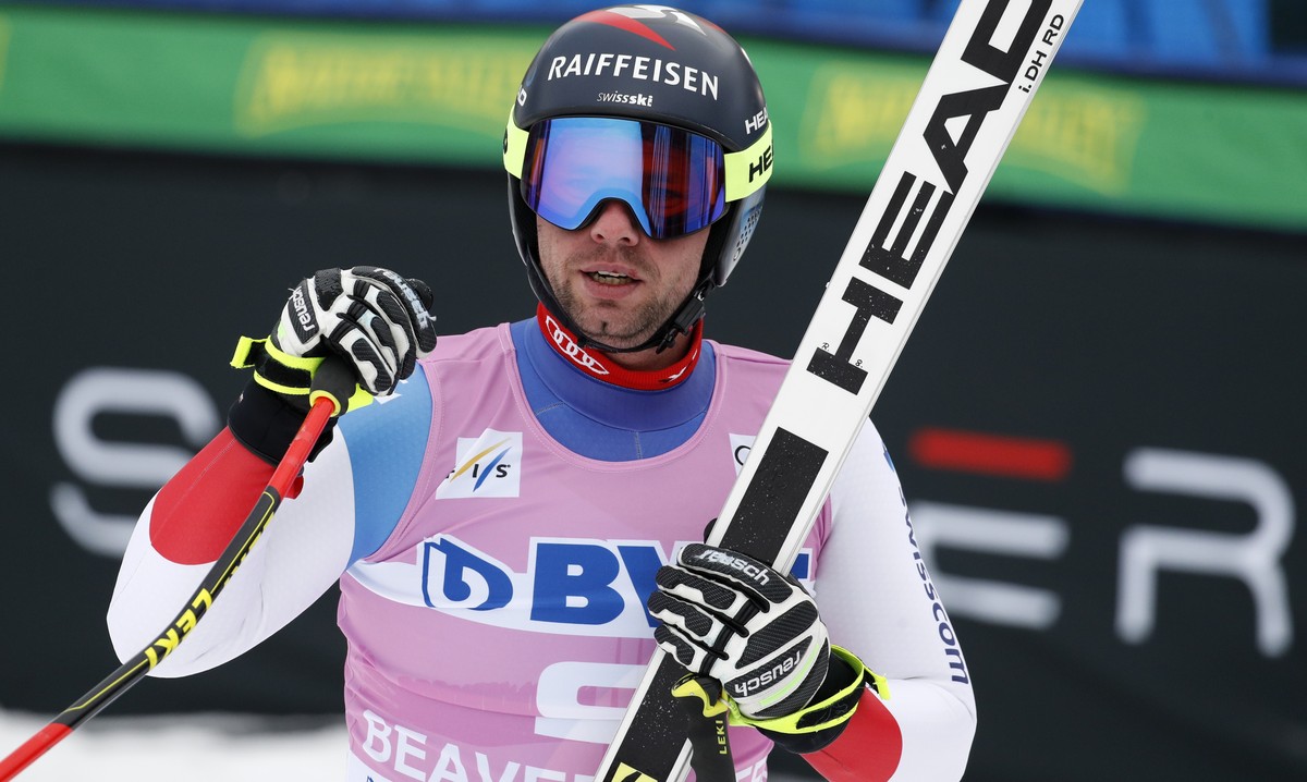 Switzerland's Beat Feuz reacts after his run during a men's World Cup downhill skiing race Saturday, Dec. 7, 2019, in Beaver Creek, Colo. (AP Photo/John Locher)