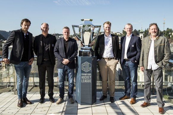 Julien Sprunger, Captain Fribourg-Gotteron, Jean-Jaques Aeschlimann, Managing Director HC Lugano, Hans Wallson, Trainer ZSC, Carl Klingberg, EV Zug, Kari Jalonen, Trainer SC Bern, und Bruno Aegerter,  ...