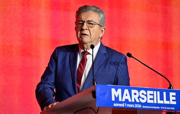 French far-left leader Jean-Luc Melenchon speaks during a mayoral campaign meeting to support Sebastien Delogu, french far-left party La France Insoumise (LFI) candidate for Marseille mayoral election ...