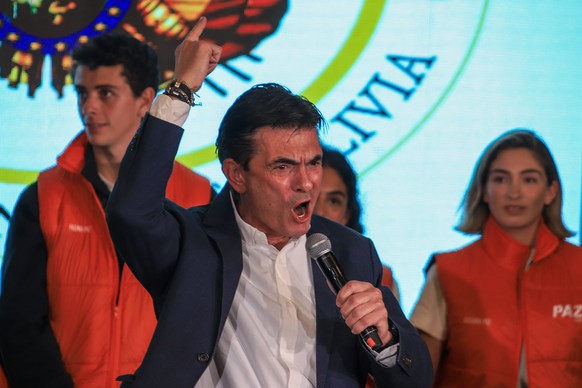 epaselect epa12466310 Bolivian Presidential candidate Rodrigo Paz Pereira delivers a speech in La Paz, Bolivia, 19 October 2025. Paz expressed his gratitude for the support he received in winning Boli ...