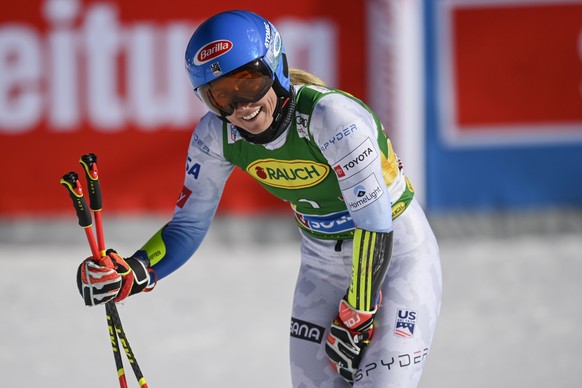Mikaela Shiffrin of USA reacts as the winner in the finish area during the second run of the Women's Giant Slalom race of the FIS Alpine Ski World Cup season opener on the Rettenbach glacier, in Soeld ...