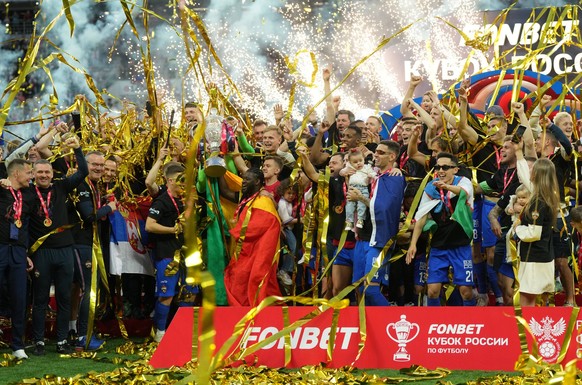 Russia Soccer Cup Rostov - CSKA 8936869 01.06.2025 CSKA s players celebrate their victory during the awarding ceremony following the Russian Cup superfinal soccer match between Rostov Rostov-on-Don an ...