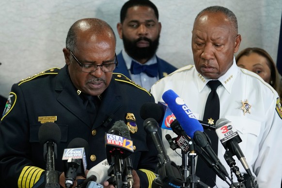 Shreveport Police Chief Wayne Smith, left, and Sheriff Henry Whitehorn speak during a news conference about the children killed during a mass shooting the day before in Shreveport, La., Monday, April  ...