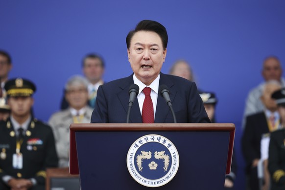South Korean President Yoon Suk Yeol delivers his speech during a celebration to mark the 76th anniversary of Korea Armed Forces Day in Seongnam, South Korea Tuesday, Oct. 1, 2024. (Kim Hong-Ji/Pool P ...