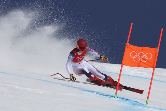 Mikaela Shiffrin, of the United States makes a turn during the women&#039;s downhill at the 2022 Winter Olympics, Tuesday, Feb. 15, 2022, in the Yanqing district of Beijing. (AP Photo/Alessandro Trova ...