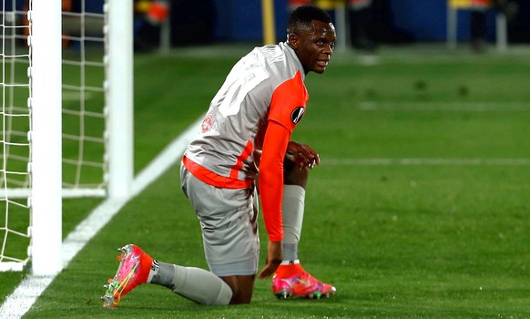 epa09036465 Salzburg&#039;s Patson Daka reacts during the UEFA Europa League round of 32, second leg soccer match between Villarreal CF and FC Salzburg at La Ceramica stadium in Villarreal, Spain, 25  ...