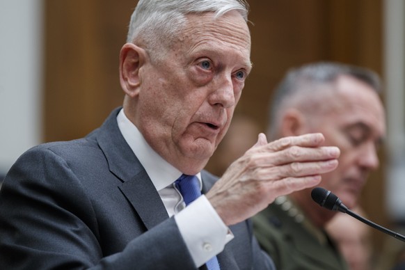 epa06664353 Secretary of Defense Jim Mattis (L), with Chairman of the Joint Chiefs of Staff General Joseph Dunford (R), testifies before the House Armed Services Committee on Capitol Hill in Washingto ...