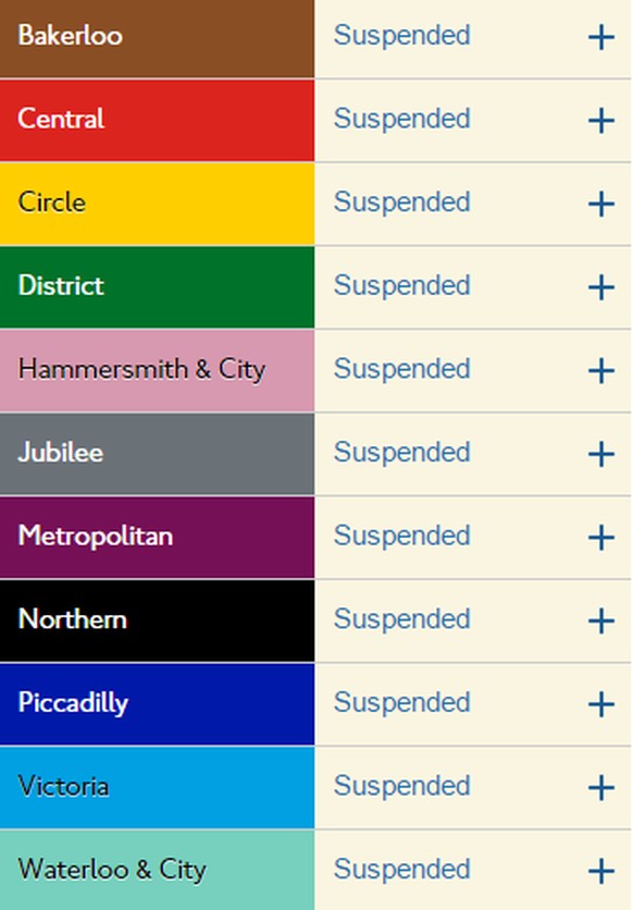 All suspended: Screenshot von der Webseite der Londoner Verkehrsbetriebe.