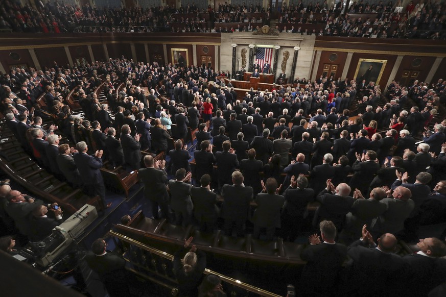 FILE- In this Jan. 30, 2018, file photo President Donald Trump delivers his State of the Union address to a joint session of Congress on Capitol Hill in Washington. The State of the Union address puts ...