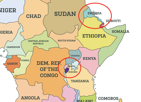 Ruanda (linker Kreis, rosa Fläche) und Eritrea (Kreis oben).