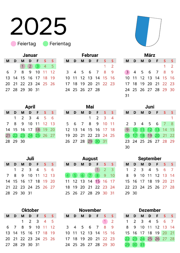 Ferienkalender Feiertage 2025 Luzern
