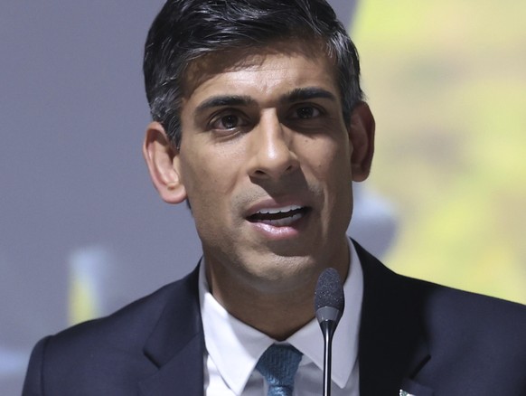 Britain&#039;s Prime Minister Rishi Sunak addresses a forest and climate leaders event during the COP27 climate summit in Sharm el-Sheikh, Egypt, Monday, Nov. 7, 2022. Nearly 50 heads of states or gov ...