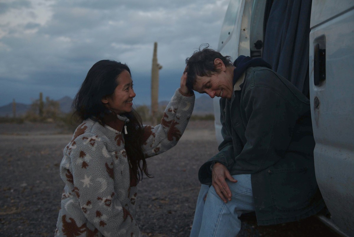 FILE - In this file photo, Director Chloe Zhao, left, appears with actress Frances McDormand on the set of "Nomadland." ��Nomadland�� has won four prizes, including best picture, at the Brit ...