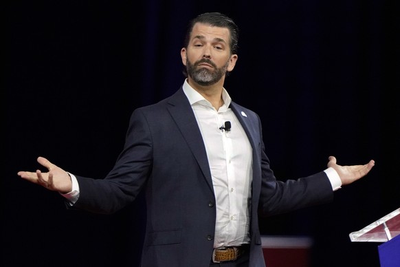 FILE - Donald Trump Jr., speaks at the Conservative Political Action Conference on Feb. 27, 2022, in Orlando, Fla. Donald Trump and two of his children, Donald Jr. and Ivanka Trump are due, in the com ...
