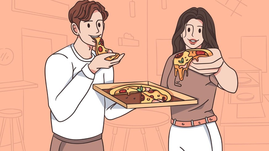 Fast food and eating pizza concept. Young smiling couple man and woman cartoon characters standing and eating fresh pizza with hands vector illustration