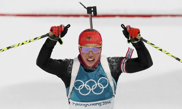 epaselect Laura Dahlmeier of Germany reacts in the finish area during the Women&#039;s Biathlon 7,5 km Sprint race at the Alpensia Biathlon Centre during the PyeongChang 2018 Olympic Games, South Kore ...