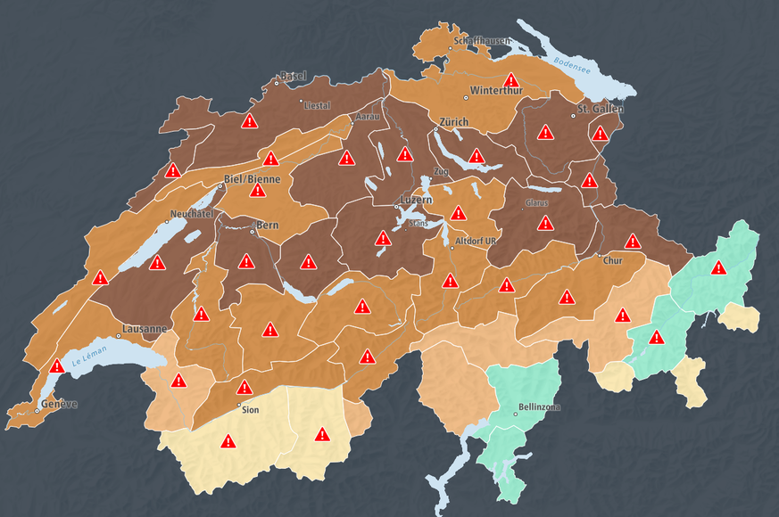 So prekär ist die Lage in der Schweiz: Nur in Teilen der Kantone Graubünden und Tessin ist es nicht trocken. (Stand der Grafik: 21.09.2026)