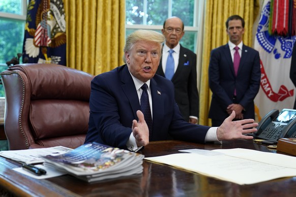 President Donald Trump speaks as he receives a briefing on the 2020 hurricane season in the Oval Office of the White House, Thursday, May 28, 2020, in Washington. (AP Photo/Evan Vucci)
Donald Trump