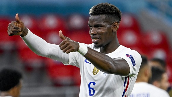 epa09297485 Paul Pogba of France reacts at the end of the Portugal vs. France match in the third round of Group F of the Euro 2020 soccer tournament in Puskas Ferenc Arena in Budapest, Hungary, 23 Jun ...