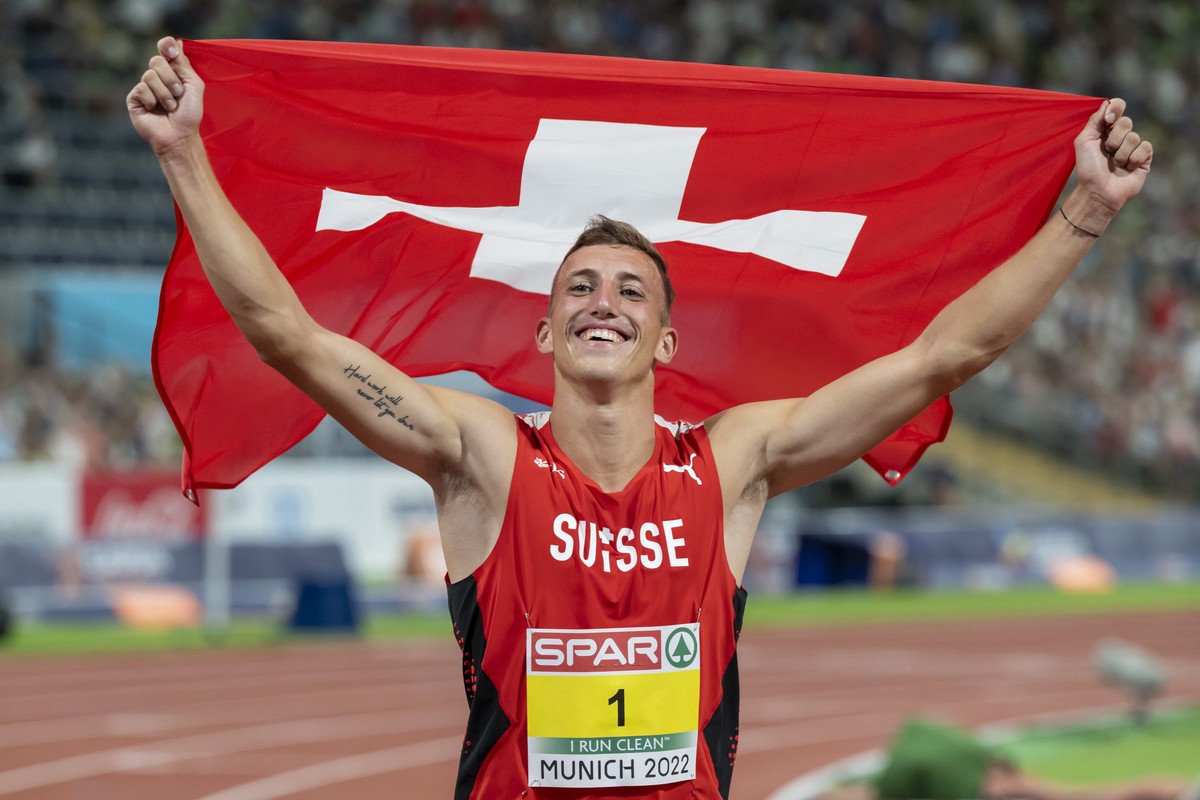 Switzerland's Simon Ehammer, silver medallist of the Men's Decathlon of the 2022 European Championships Munich, at the Olympiastadion in Munich, Germany, on Tuesday, August 16, 2022. (KEYSTO ...