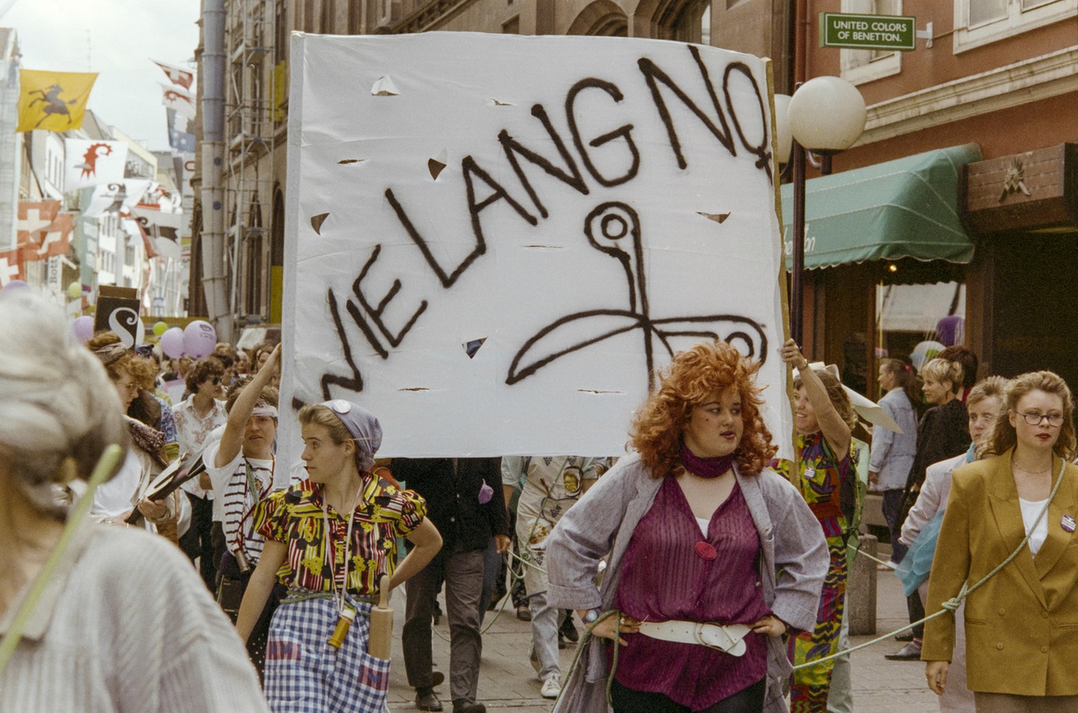 On the Swiss women&#039;s strike of 14 June 1991, hundreds of thousands of women took part in strike and protest actions throughout the country, as here in Basel, where women ask by means of posters & ...
