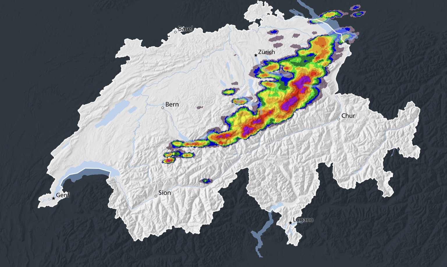 Gewitter über grossen Teilen der Schweiz in der Nacht auf Freitag, 4. Juli 2025.