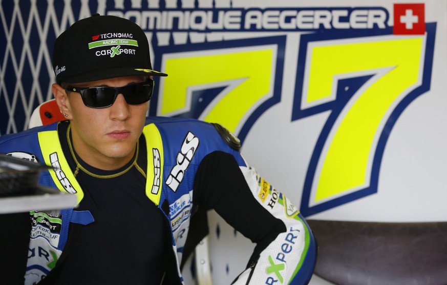 Moto2 rider Dominique Aegerter of Switzerland is ready for the free practice ahead of Sunday&#039;s Japanese Grand Prix at Twin Ring Motegi circuit in Motegi, north of Tokyo, Japan, Friday, Oct. 10, 2 ...